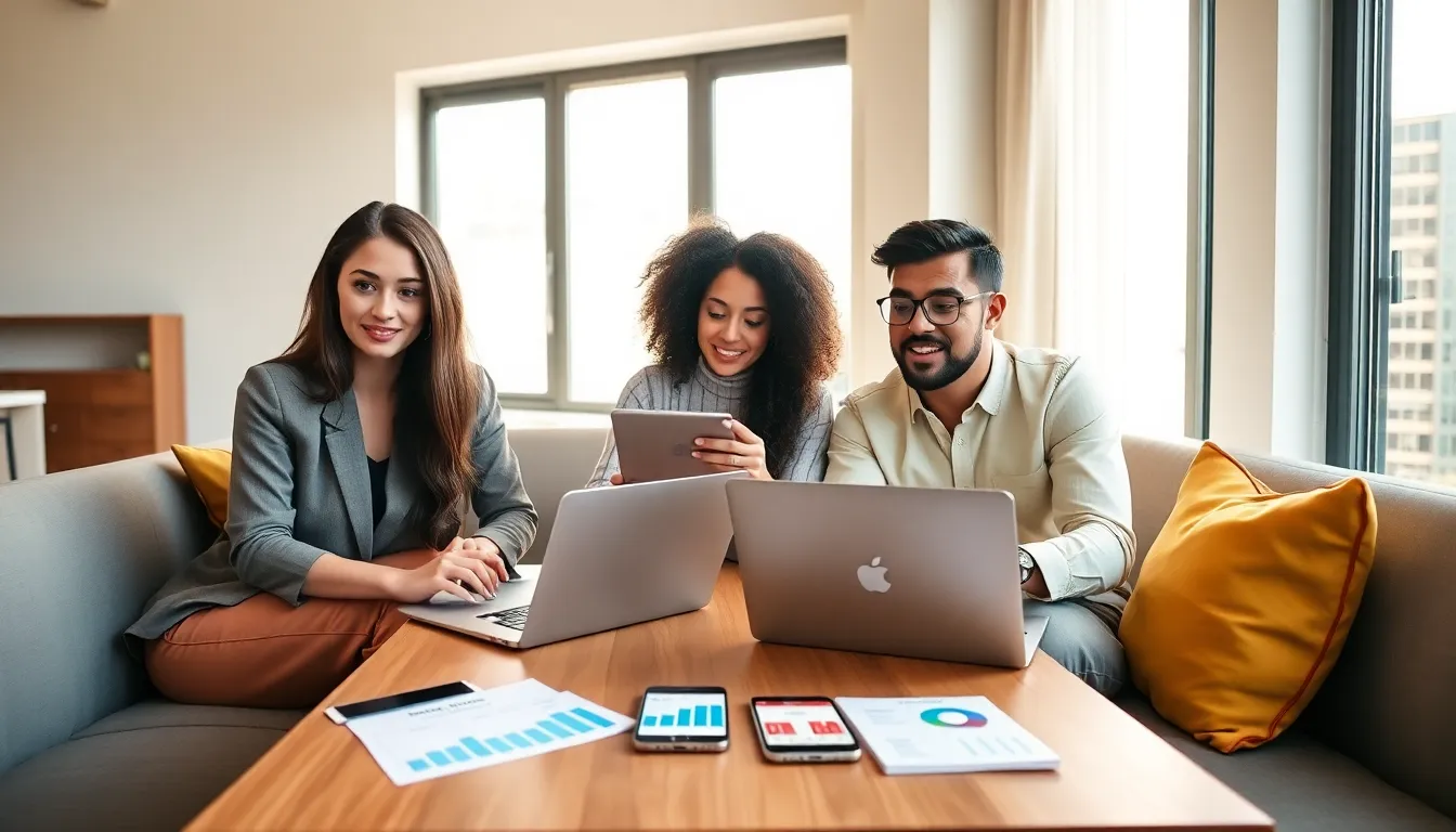 diverse millennials discussing finance in a modern workspace.
