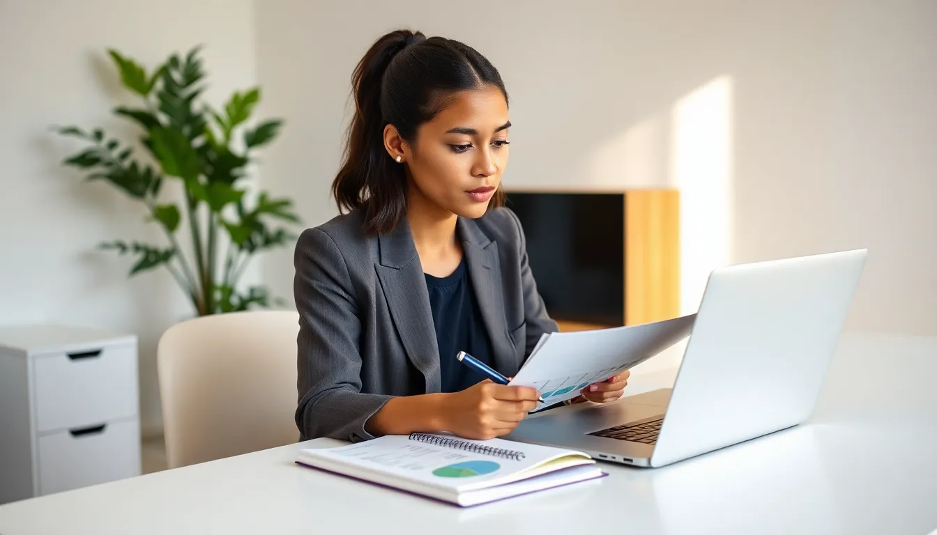 young adult analyzing finances at a modern desk.