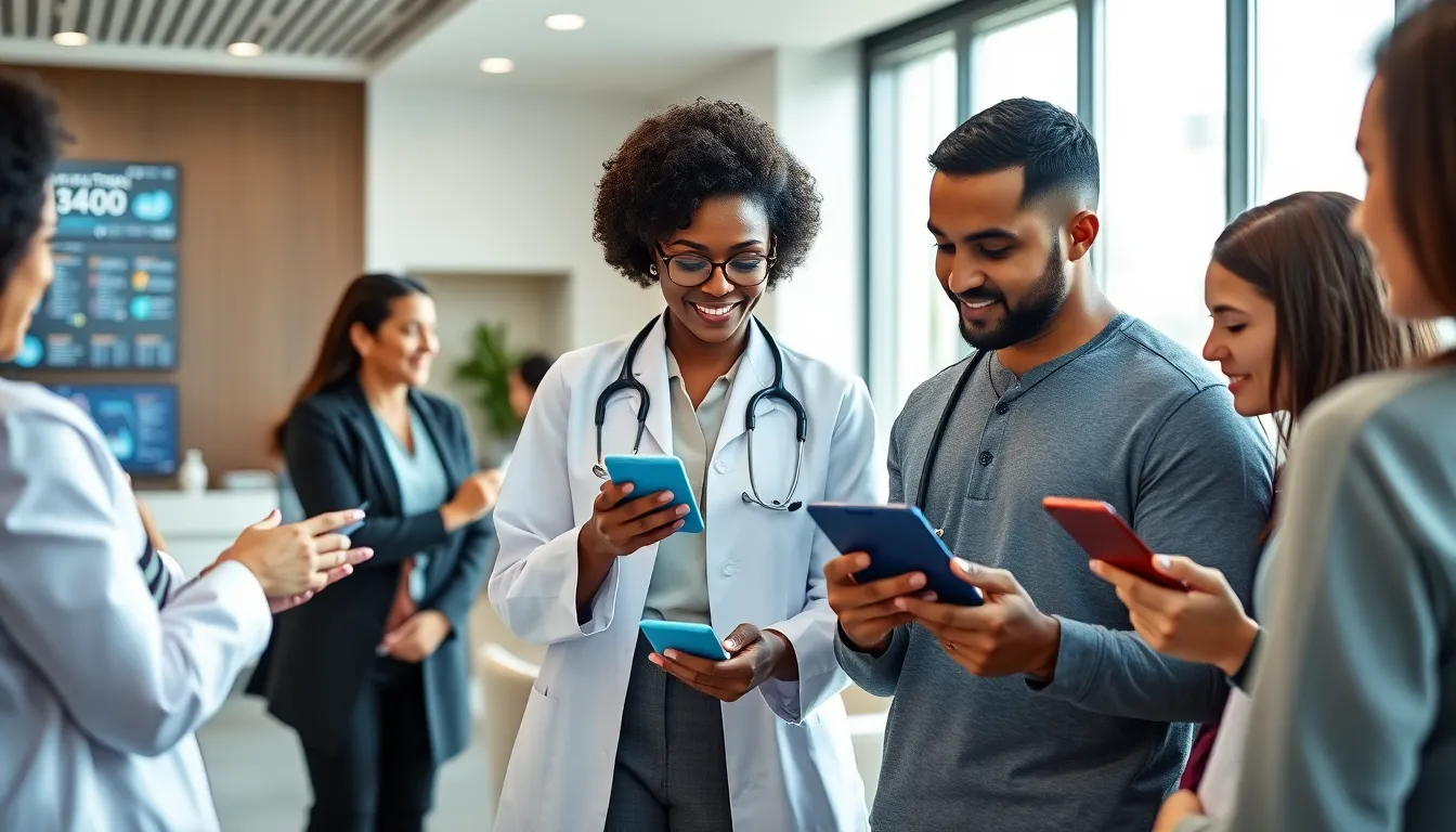 diverse group engaging with healthcare mobile apps in a modern setting.