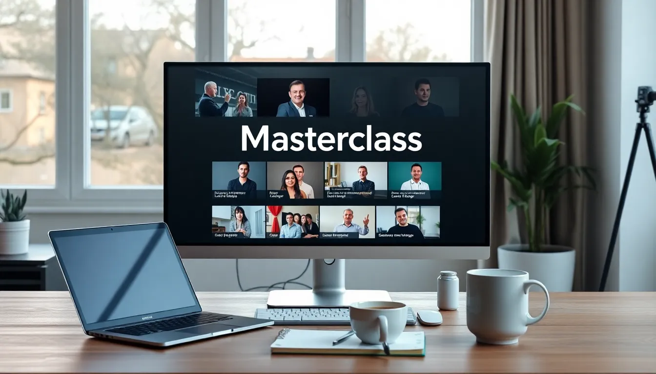 Modern home office with a computer displaying MasterClass video lessons.