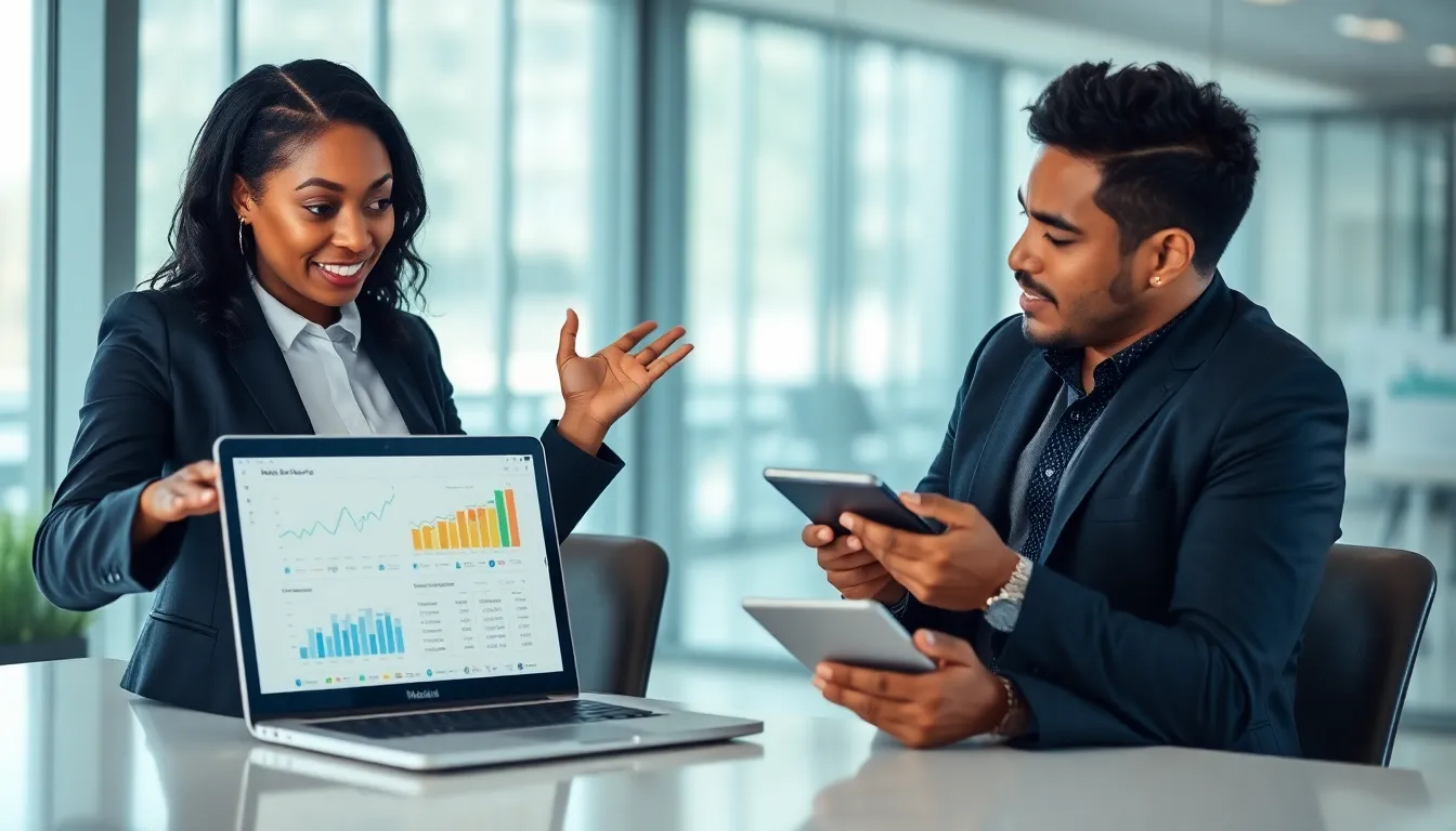 two professionals discussing mobile app monetization in a modern office.