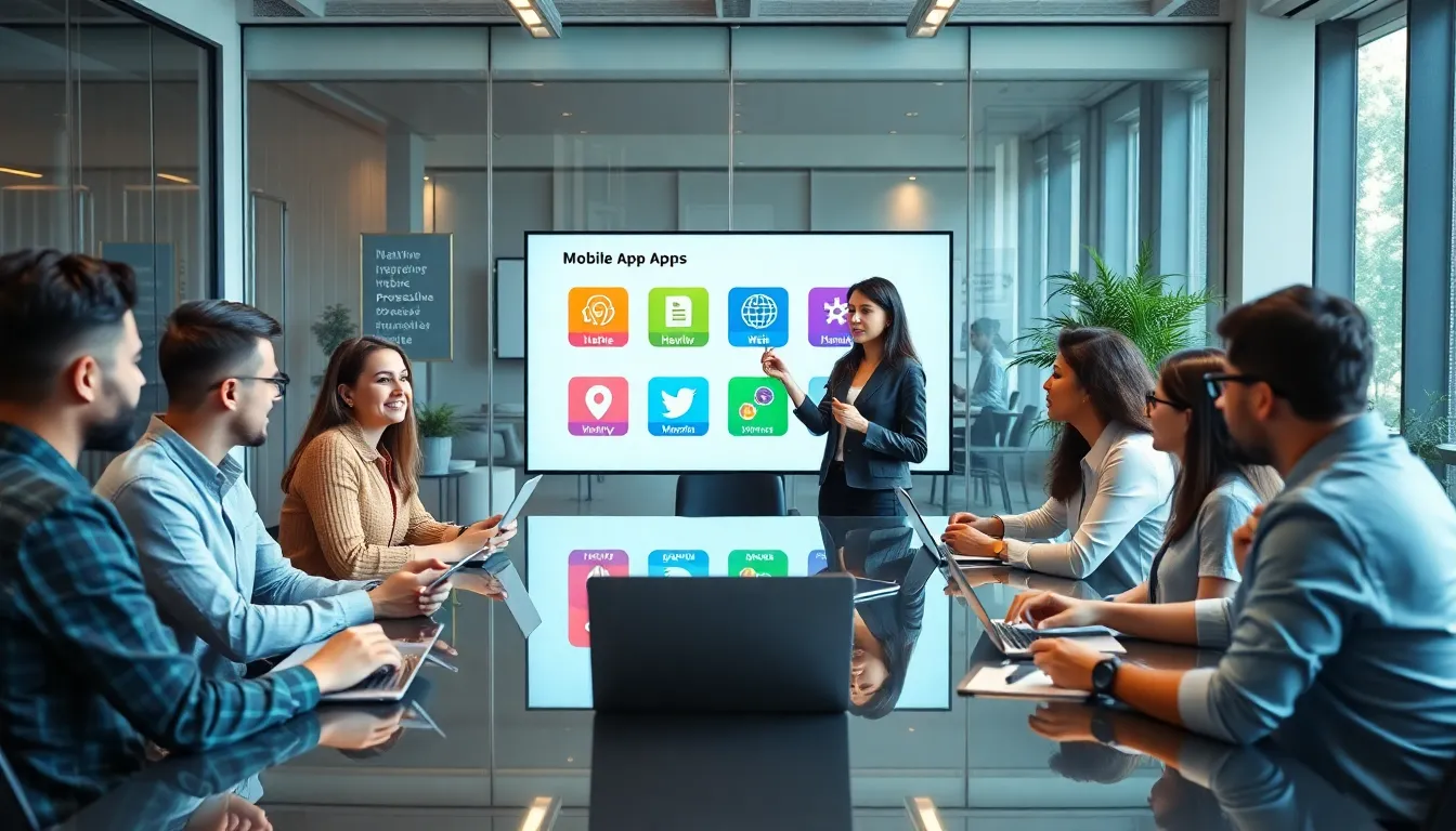 diverse team collaborating on mobile app development in a modern office.
