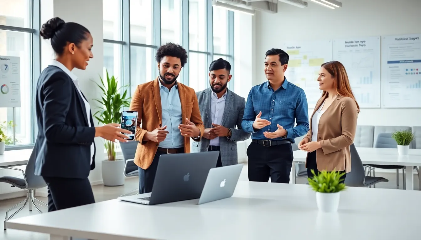 diverse team collaborating on mobile app strategies in a modern office.