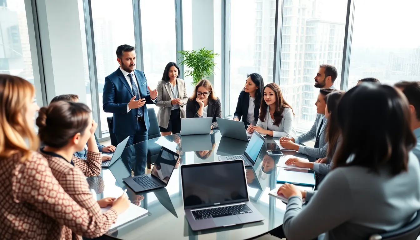 diverse professionals engaged in an interactive business masterclass.
