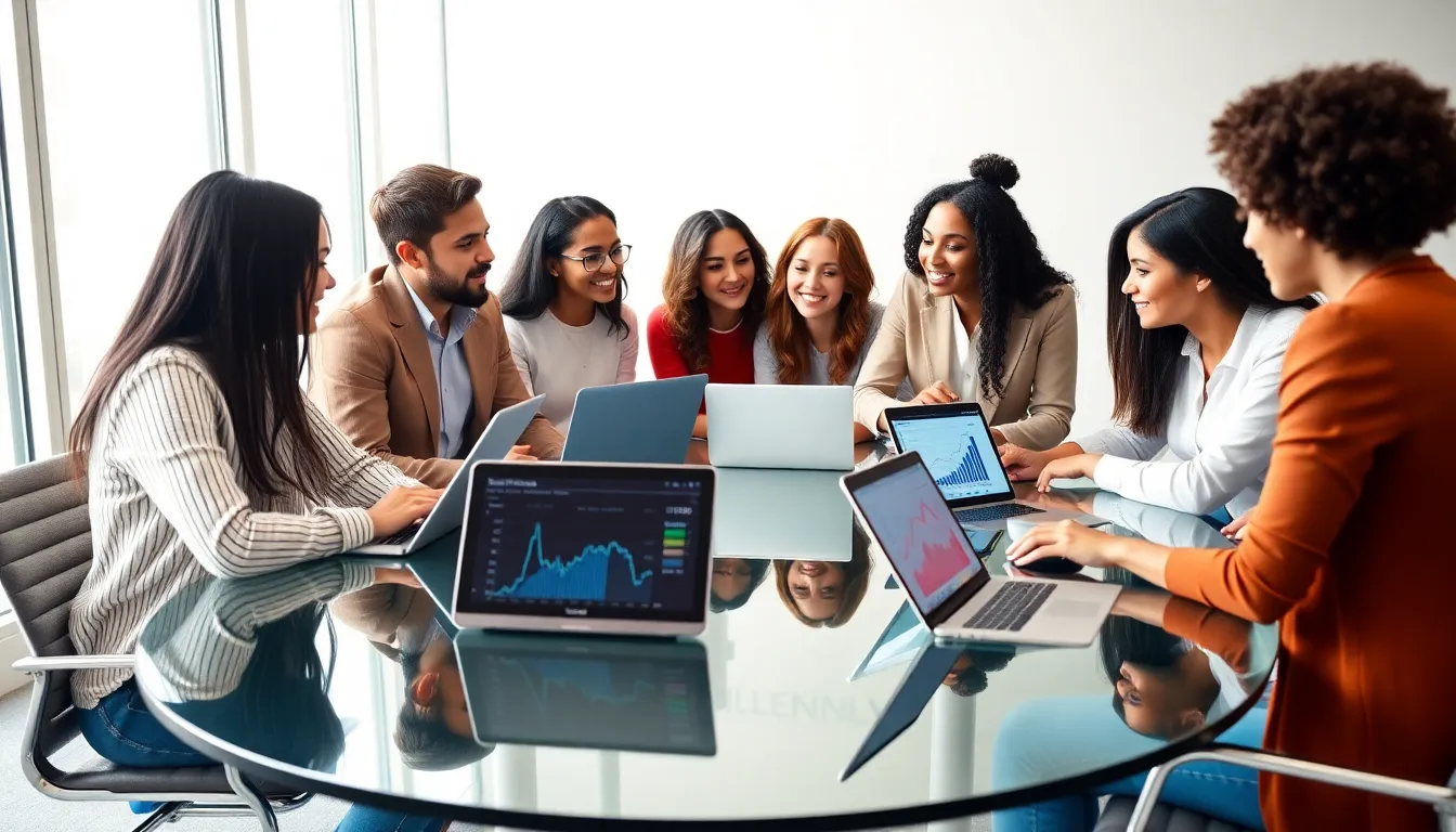 diverse millennials discussing finance in a modern office.