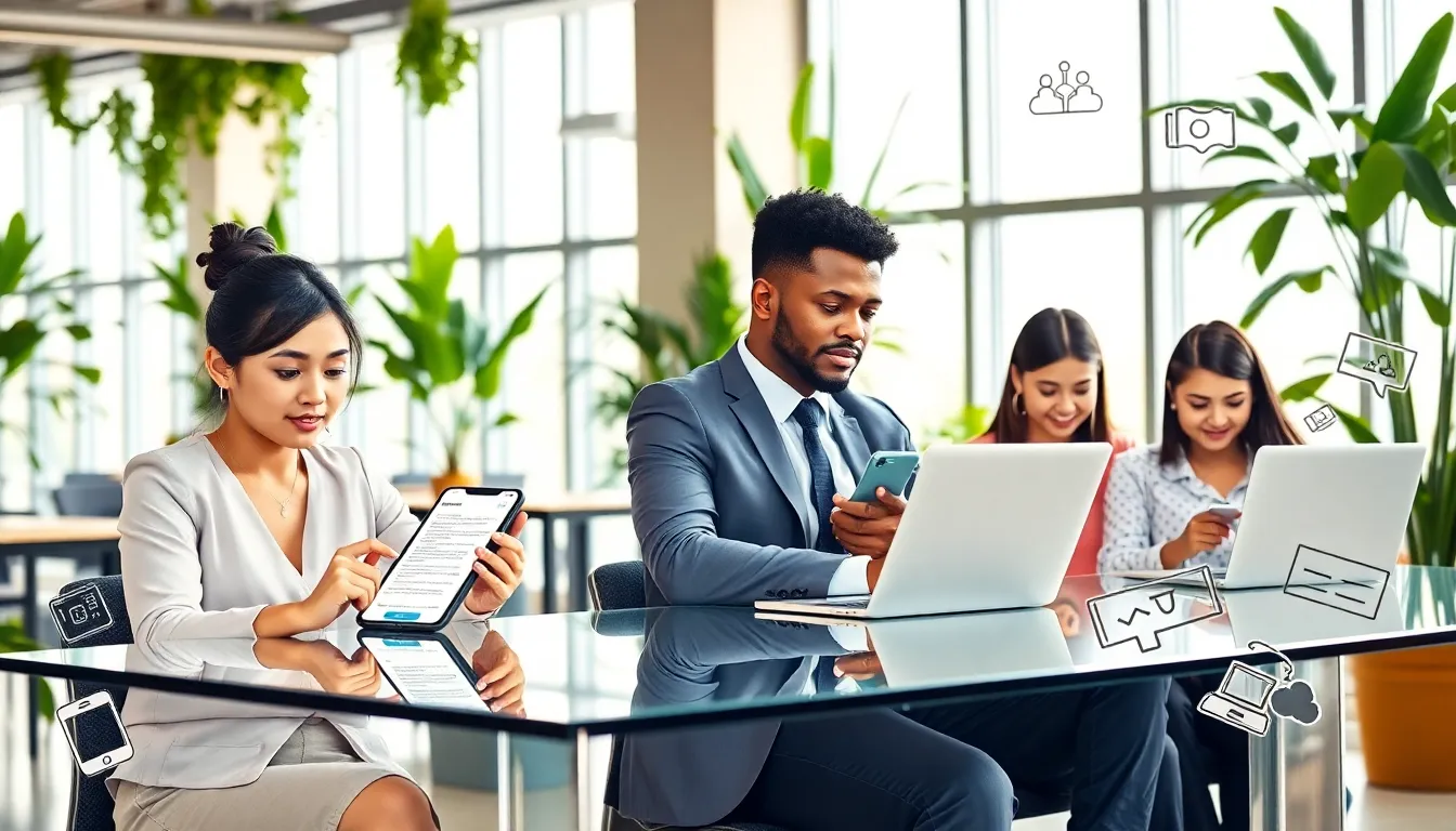diverse group using mobile learning apps in a modern co-working space.