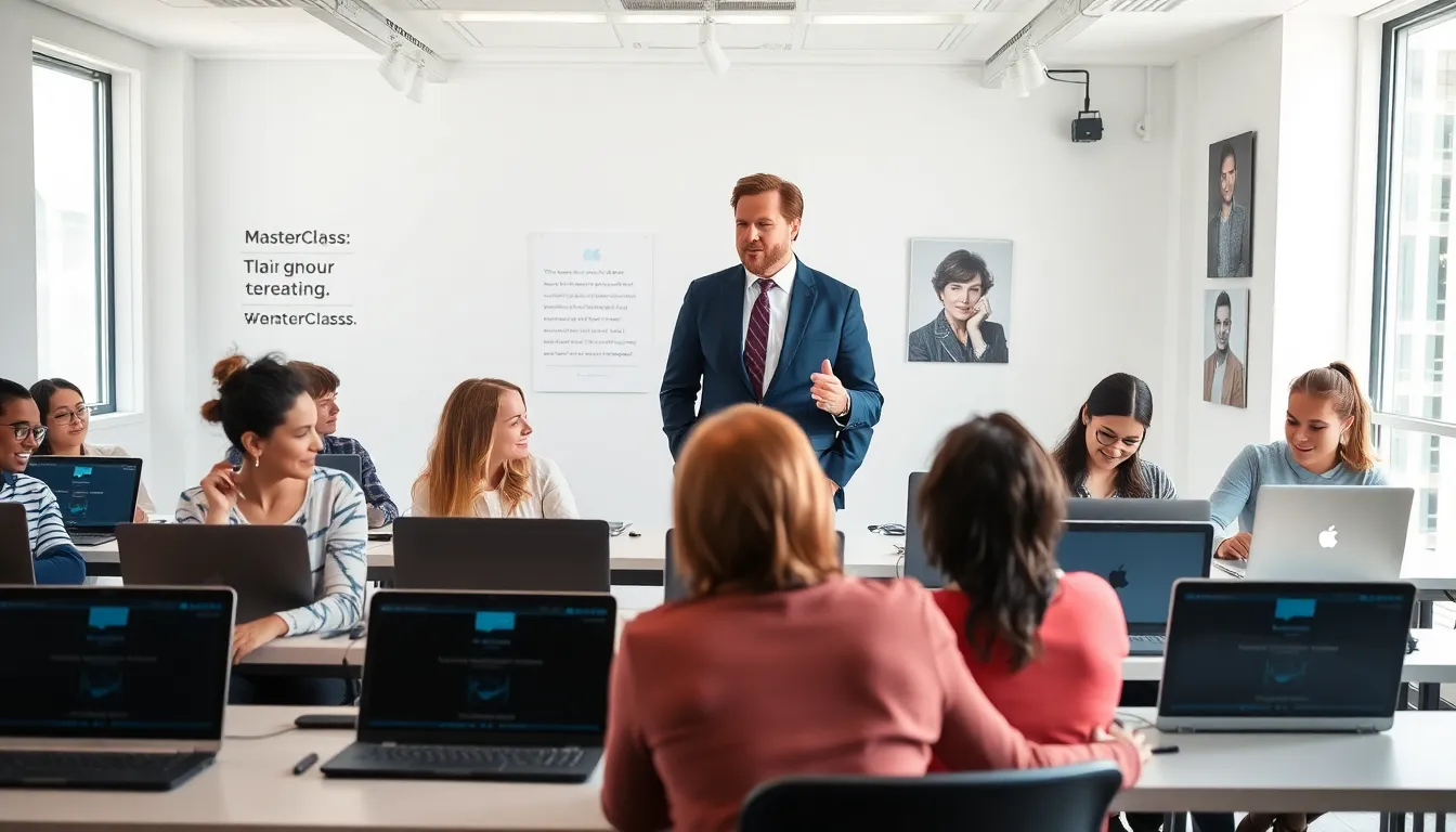 diverse adults participating in a MasterClass course in a modern classroom.