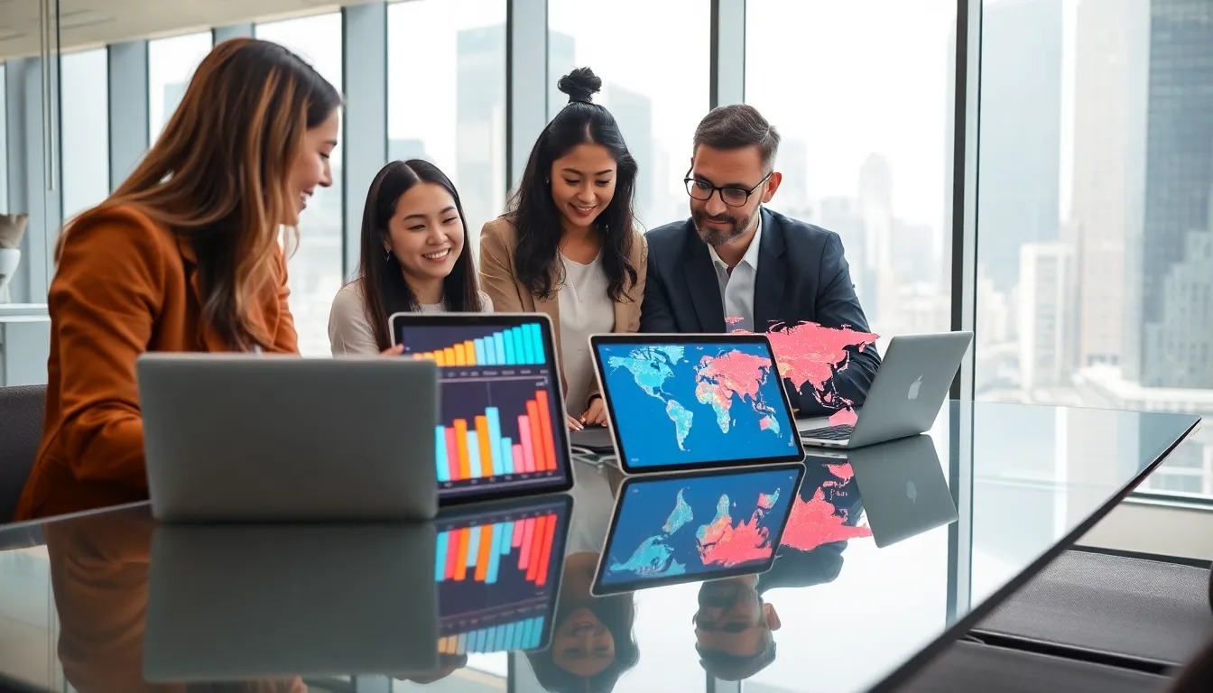 professionals collaborating in a modern office discussing mobile app market trends.