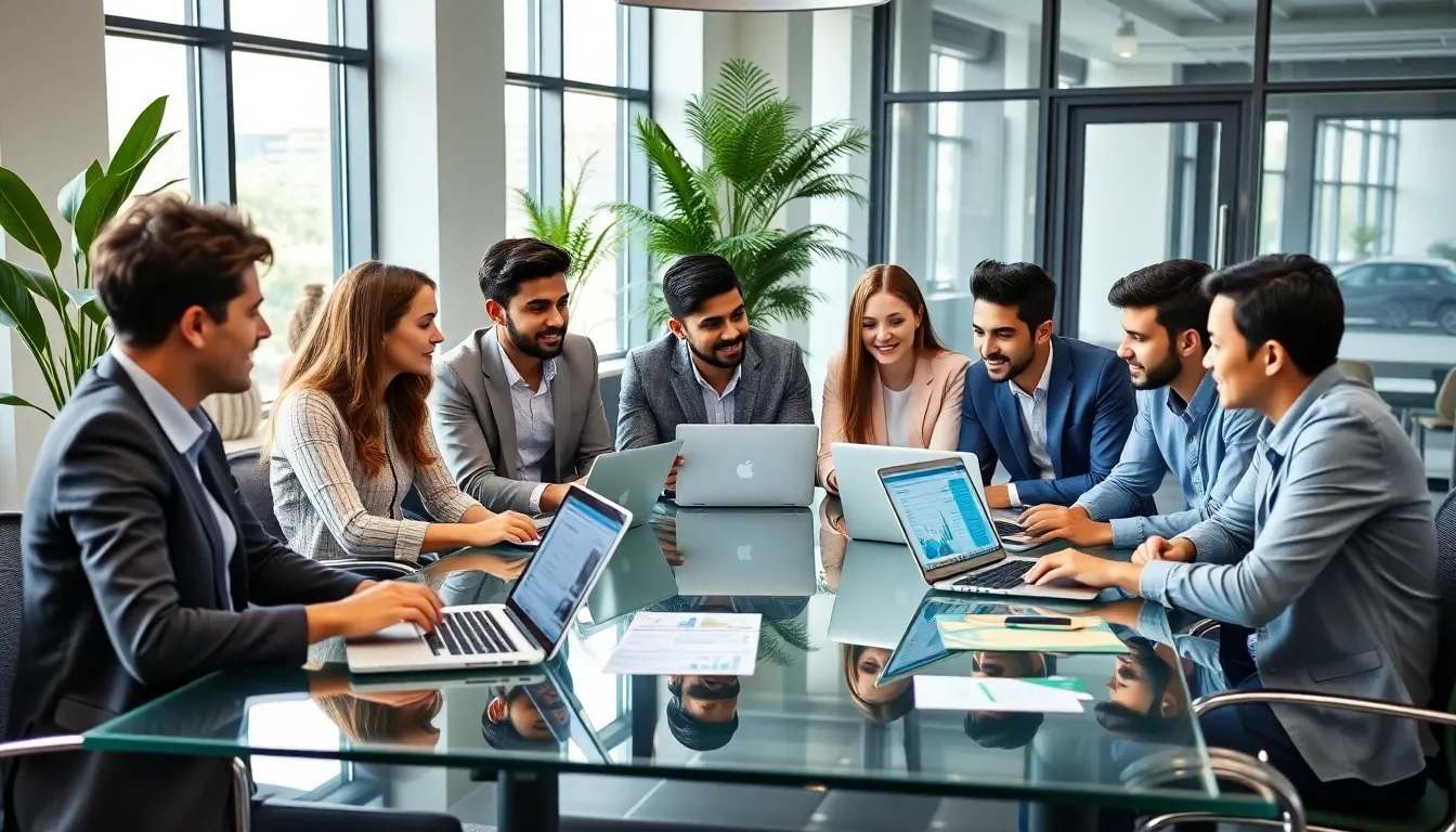 young professionals discussing finance in a modern office setting.