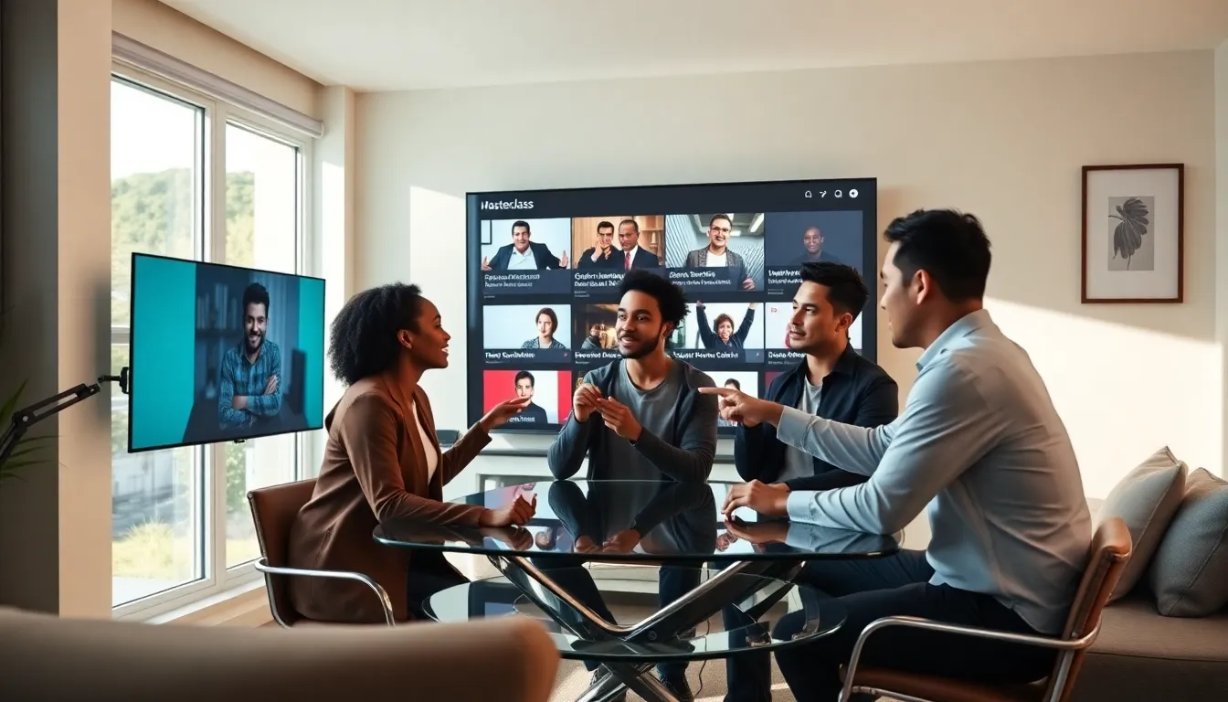 diverse professionals discussing Masterclass videos in a modern home office.